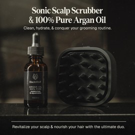 Black Wolf Sonic Scalp Head Massager & 100% Pure Argan Oil Bundle - Hair Care Products for Healthy Looking Hair & Scalp - Men's Shower & Bathroom Essentials Set