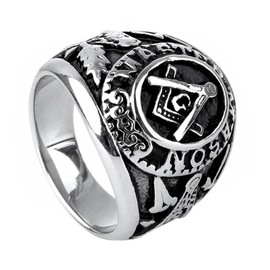 HIJONES Jewellery Mens Stainless Steel Domineering Vintage Freemason Masonic Rings, Black and Silver Size Y