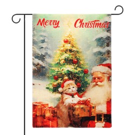 Merry Christmas Garden Flag, Double-Sided 17.71x11.81 inch Winter Yard Flag Decorations for Outdoor Patio Lawn Farmhouse (Santa Claus and Cat)