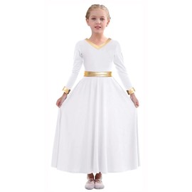 TLMNU Girls Praise Dance Dress Metallic Gold Liturgical Worship Church Robe Full Length Swing Lyrical Dance Costume,White,Tag130 7-8 Years