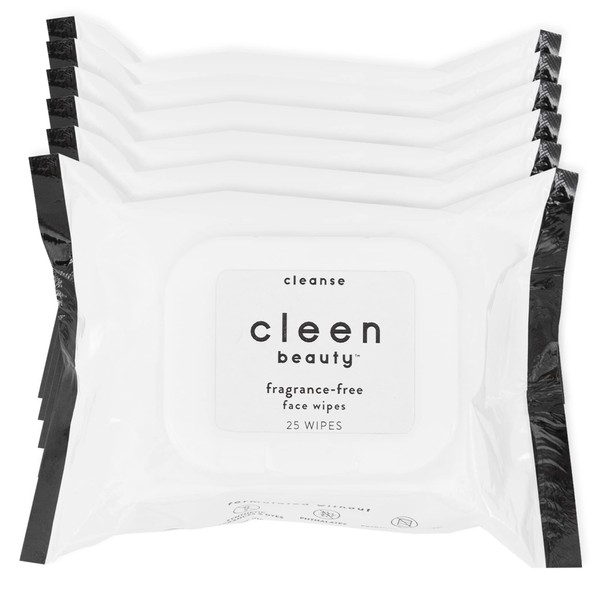 Cleen Beauty Fragrance Free Face Wipes - 6 Pack | Soothing and Moisturizing Makeup Remover Wipes with Aloe Vera | Biodegradable Makeup Wipes with Aloe Vera | Makeup Remover Pads - Paraben Free (25 Count Per Pack)