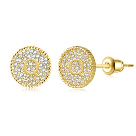 Round Initial Stud Earrings Women's Dainty A-Z Letter Earrings Hypoallergenic 925 Sterling Silver Stud Earrings, Initial Earrings for Women Jewelry Gift (Round Gold Q)