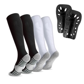 Linkidea Kids Soccer Socks with Shin Guards, 2 Pairs Breathable Knee High Socks with Lightweight Shin Pads, Long Sleeve Cushion Socks for Child 7-9 Years Over Calf Soccer Socks (Black&White, M)