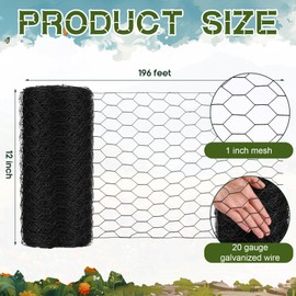 MorningRo 12 in x 196 ft Chicken Wire Fence Mesh Black Chicken Wire for Floral Arrangements PVC Coated Galvanized Fencing 20 Gauge Poultry Netting and 1 Inch Mesh Fence Roll for Home Garden
