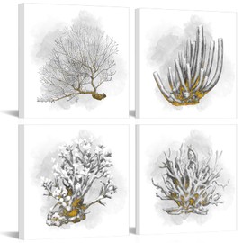 HOMEOART Coastal Wall Art Coral Prints Beach Room Decor Coastal Bathroom Bedroom Decor Pictures, Framed Ready to Hang Home Office Decoration 12x12inchx4 Pieces (Gold)