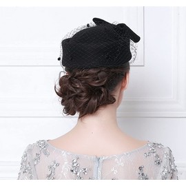 ORIDOOR Women's British Style Pillbox Church Derby Wedding Winter Vintage Fascinator Beret 100% Wool Felt Veil Hat, 01a Black, One Size