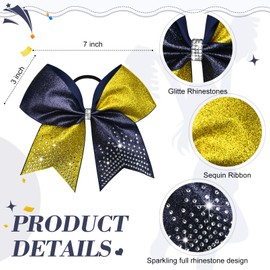 6PCS Glitter Cheer Bow Large Cheer Bows Rhinestones Hair Bows Girls 8"Cheerleading Bows Bulk Elastic Band Ponytail Holder for Teen Girls College Sports Competition Blue Gold