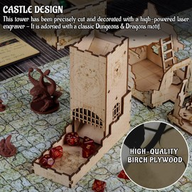 CZYY Castle Dice Tower with Tray Wood Laser Cut Dragon Carving Easy Roller Perfect for Board Game, D&D and RPG (Castle)