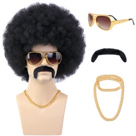 morvally Afro Wig Black 70s for Men with Chain for Glasses and Moustache Curly Wig for Disco Costume 70s Hippie Rocker 80s Cosplay Wigs Funny Halloween