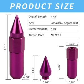 M12X1.5 Spiked Nuts for Rims Aluminum Extended Tuner Lug Nuts 20PCS 60MM (Purple)