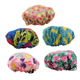 Outanaya 5pcs Adjustable Shower Caps for Boys and Girls Dual-layer Bathing Hair Protective Caps Cute Designs Pink Heart Green Watermelon Sunflower Rainbow Peacock Blue Geometric for Home