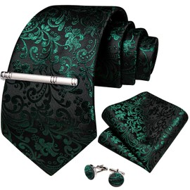 DiBanGu Mens Paisley Tie Formal Silk Tie & Pocket Square Cufflinks Tie Clip for Wedding Party Prom, green paisley