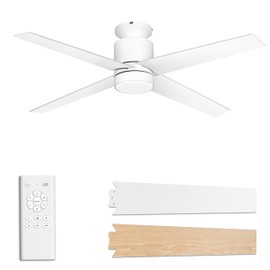 Flybull Ceiling Fans with Lights Flush Mount, 52 Inch Low Profile Ceiling Fan with Light, 4 Blades, 6 Speeds, Timer, Ceiling Fans with Lights and Remote for Bedroom Indoor (White)