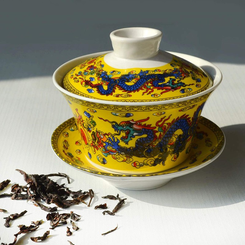 Gaiwan Tea Cup Chinese Dargon Sancai Cover Bowl Lip Coaster