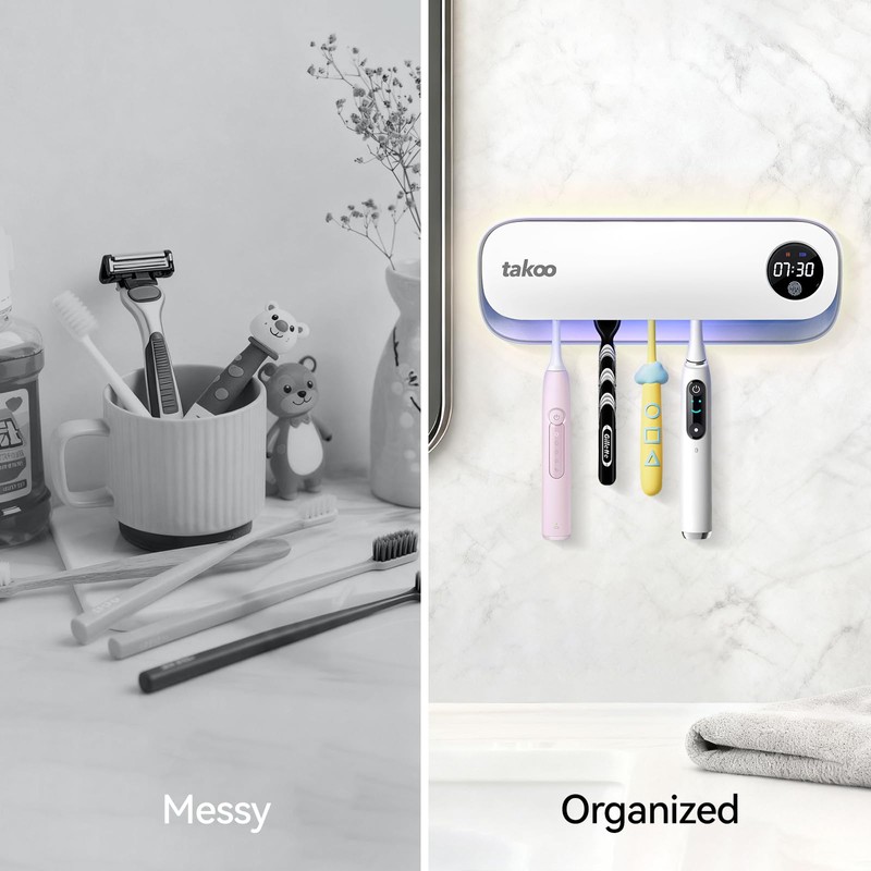 Takoo Toothbrush Cleaner, 4 Slots Wall Mounted Toothbrush Holder for