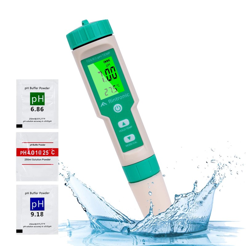 flintronic 4-in-1 PH Meter, PH/TDS/EC Temperature Tester with Backlight, 0-14