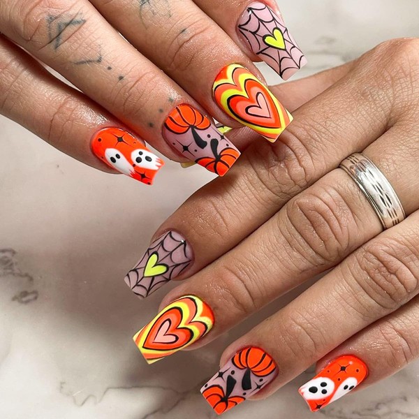 Halloween Press on Nails Medium, Cute Love Pumpkin Ghost Pattern