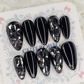 All black full stone handmade nail tips - Almond S / 올블랙 풀스톤 수제네일팁 - 아몬드S