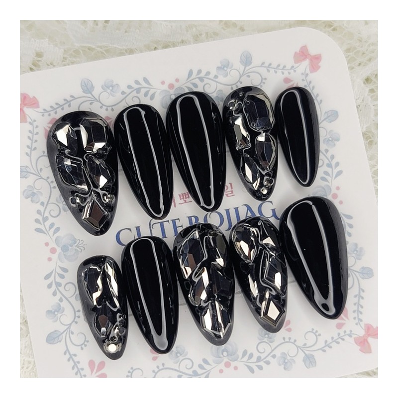 All black full stone handmade nail tips - Almond S