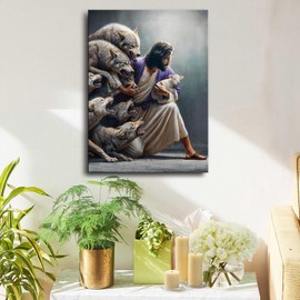 "Christian Wall Art: Jesus the Good Shepherd Saving Lost Sheep - Guardian Shepherd Protecting Lamb from Wolves, Bible Canvas Print for Church decor Home Decor, Living Room Bedroom,Gift for Christians.A-419
