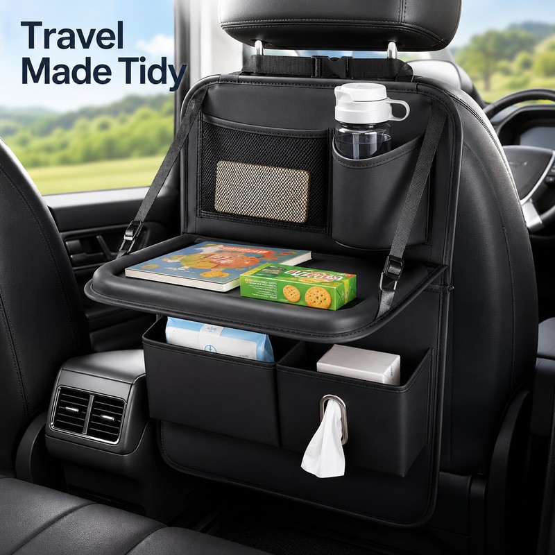 Foldable Leather Car Seat Back Organizer With Table for Rear-Seat