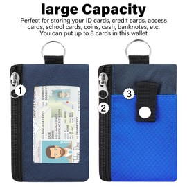 sundee Minimalist Small Wallet with Lanyard, Waterproof ID Case with 2 Zipper Pockets and Key Chain for Men and Women, Tactical Badge Pouch Cards Holder, Coin Purse for Travel Sports-Blue+DarkBlue