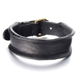 Unique Black Leather Bracelet for Mens Boys Genuine Black Leather Bangle with Buckle Clasp