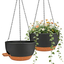CNLBO 12 Inch Self Watering Hanging Planters 2 Pack, Indoor Outdoor Hanging Pots for Plants with Drainage Holes & Saucers, Black Brown Plastic Hanging Baskets for Kitchen Balcony Garden