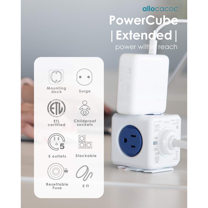 Allocacoc Power Strip, PowerCube |Extended|, 5 Outlets,5ft Cable, Surge Protection,