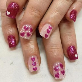 Valentines Press on Nails Short Square Fake Nails Purple & White Heart Love Design Glitter False Nails Full Cover Stick on Nails Valentine's Day Acrylic Nails for Women Nail Art Decoration 24 Pcs