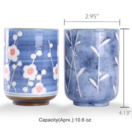 WHJY 10oz Transitional Chinese/Japanese style Handle-less Ceramic Tea cups teacup, Cherry Bloom & Rush straw in Blue Sky Pattern Set of 2