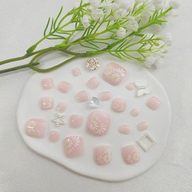 Square Press on Toenails Short Fake ToeNails with Flower Designs Nude Toe Nail Press ons Spring False Toenails Cute Toenail Press ons Summer Stick on Toenails for Women 24Pcs