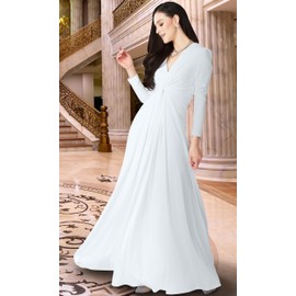 KOH KOH Plus Size Womens Long Sleeve Flowy Formal Fall Winter Evening Elegant Designer Dressy V-Neck Empire Abaya Modest Muslim Church Maxi Gown Gowns Dress Dresses, White 2XL 18-20