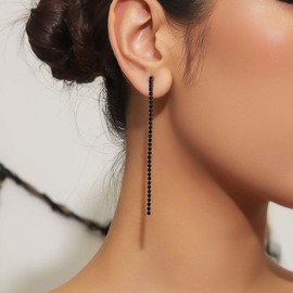 Inilbran Boho CZ Long Chain Dangle Earrings Vintage Fringe Chain Earrings Black Crystal Drop Wedding Rhinestone Line Stud Jewelry for Women