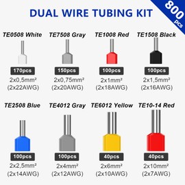 Preciva 800PCS Twin Bootlace Ferrules,0.5-10mm²Dual Terminals Kit,Crimp Connectors,All Brass Core Wire Terminal Connector