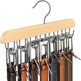 16 Hooks Belt Hanger Wooden Belt Rack, Space Saving Closet Organizers and Hanging Holder for Ties, Tank Tops (Log Color)
