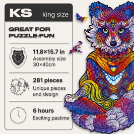 UNIDRAGON Original Wooden Jigsaw Puzzles - Emanating Raccoon, 281 pcs, King Size 11.8"x15.7", Beautiful Gift Package, Unique Shape Best Gift for Adults and Kids