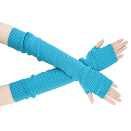 SEYUFN Winter Fingerless Long Gloves for Women Cashmere Blended Knitted Arm Warmers Super Soft Black Arm Sleeves, Aqua Blue, 50cm/19.7in