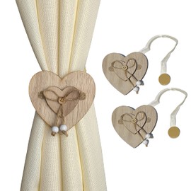 GIRASOLE HOME 2 Pack Wooden Heart Shaped Magnetic Tiebacks Shabby Chic 2 Pack Organza Drawstring for Light Curtains and Curtains (Heart, Natural)