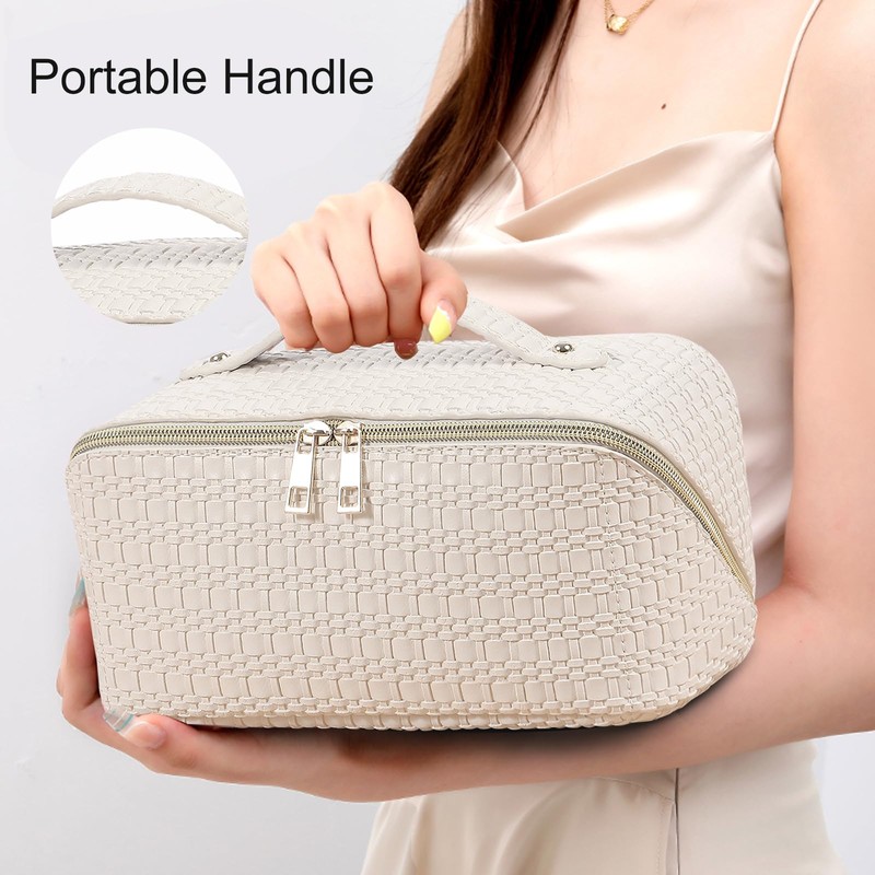 Large Capacity Travel Makeup Bag, Woven Leather Makeup Bag, Waterproof