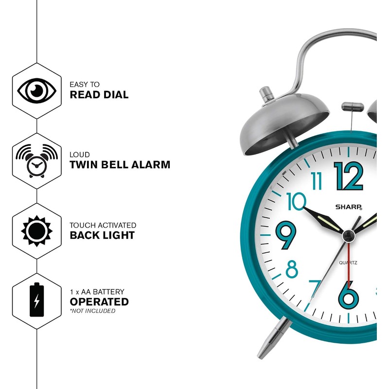 SHARP SPC851 Twin Bell Alarm Clock, Teal