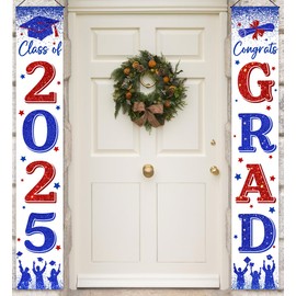 2025 Graduation Decorations-Class of 2025 Porch Sign Banner,Congrats Grad Door Hanging Banner for Blue Red Graduation Party Supplies