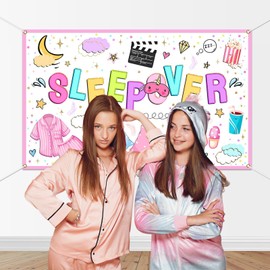 Mocsicka Sleepover Party Bakcdrop Banner Pajamas Pillow Fight Pink Girl Party Decorations Sleepover Slumber Party Banner Photography Background