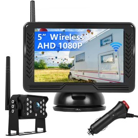 Wireless Reversing Camera System with 5 inch Split Screen, IP69K Waterproof Backup Camera with Night Vision, Support add 2nd Wireless Rear View Camera for Trailer, RV, Trucks, Farm Vehicle