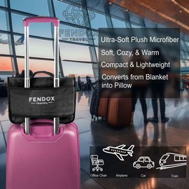 Fendox Travel 2-in-1 Travel Blanket and Pillow – Lightweight, Compact, Ultra Soft, Machine Washable – Handle, Luggage Sleeve, Backpack Clip – for Travel Airplane, Car, Office (Black)
