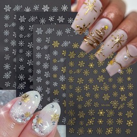 5 Sheets Snowflake Nail Art Stickers Decals Christmas Nail Stickers Self Adhesive Gold Silver White Snow Design Winter Nail Decals Christmas Nails Decoration Supplies for Women Holiday Manicure