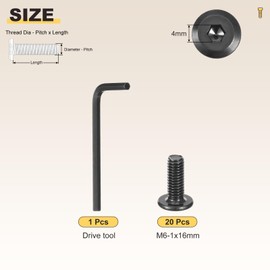 METALLIXITY Flat Head Hex Socket Cap Screws Bolts(M6-1x16) 20Pcs, with Wrench Steel Hex Socket Furniture Bolts Countersunk Screws - for Furniture Woodworking Project, Black Tone