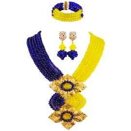 aczuv Fashion African Bead Necklace Nigerian Beads Wedding Jewelry Sets for Women (Royal Blue Yellow)