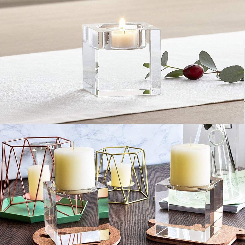 Odowalker 4 Pcs Clear Crystal Candle Holders, 2×2×1.6 inch Square