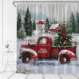 YSATNSFT Christmas Red Truck Shower Curtain Xmas Tree Farmhouse Barn Pine Forest Snowflake Vintage Rustic Winter Holiday Fabric Bathroom Decor Set with Hooks,(70" WX70 H)